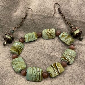 Beautiful Beaded Bracelet & Earrings Set Olive Green & Brown Beads